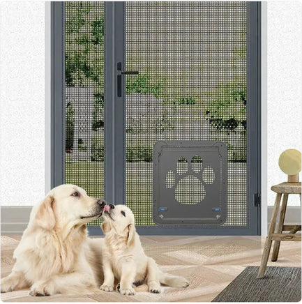 Pet-Safe Anti-Chew Screen Door installed on mesh patio door with two golden retrievers nearby, showcasing pet-friendly home security.