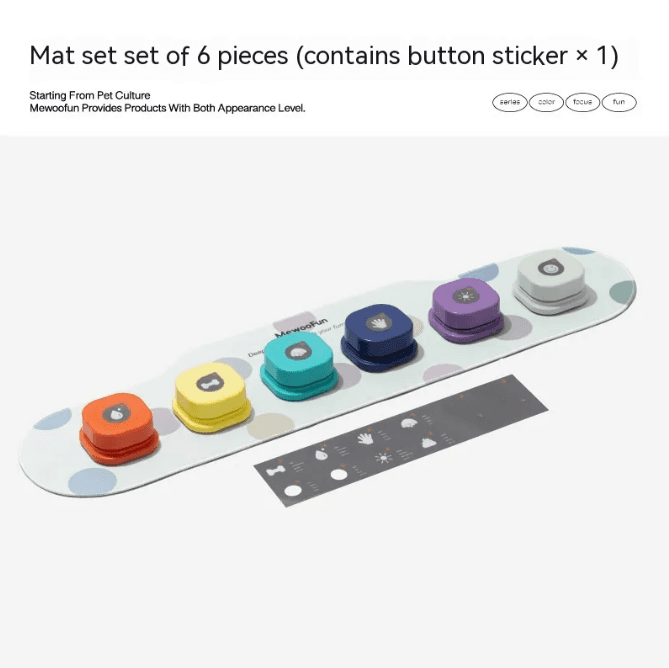 Colorful 4-in-1 pet chatter buttons set with six pieces on a white oval base, designed for dog communication, durable and easy to use.
