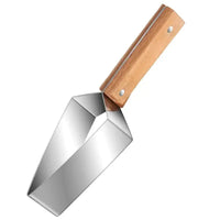 Close-up of a stainless steel watermelon splitter with a sturdy wooden handle, designed for precise fruit cutting.