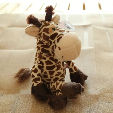 Giraffe plush toy with a spotted pattern and soft fabric, suitable for baby soothing and toddler play.