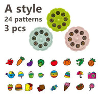 Kids Mini Art Table Set stencil discs with 24 patterns featuring fruits, vegetables, and fun objects for creative drawing.