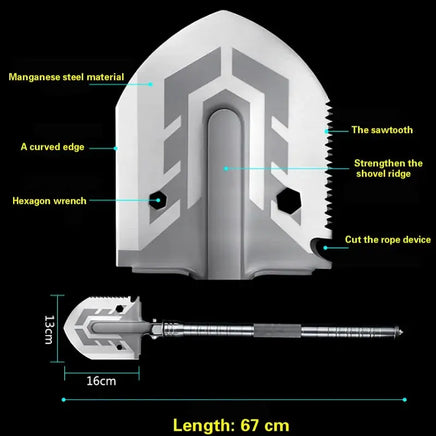 Outdoor multi-purpose folding military shovel with manganese steel blade, sawtooth edge, hexagon wrench, and rope-cutting tool. Length 67 cm, compact and durable for outdoor adventures.