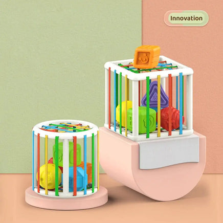 Innovative Baby Blocks Shape Sorter Toy with two designs showcasing colorful blocks and elastic bands for interactive play and learning.