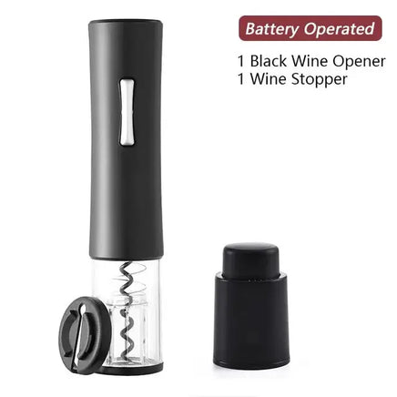 Black battery-operated wine opener with foil cutter and wine stopper, perfect for convenient wine bottle opening.