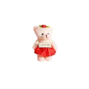 Mini teddy bear plush with a red dress and 'I Love You' message. A cute gift option from Shop Name.