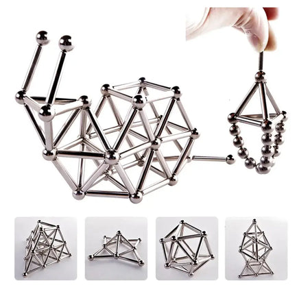 Fidget Toys Magnetic Building Kit showcasing creative structures made with magnetic sticks and balls, ideal for fun and learning.