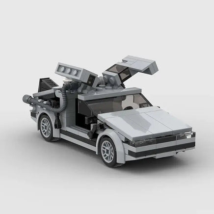 Delorean Classic Building Blocks showcasing a front-side view of the gray car model with intricate details and functional doors.