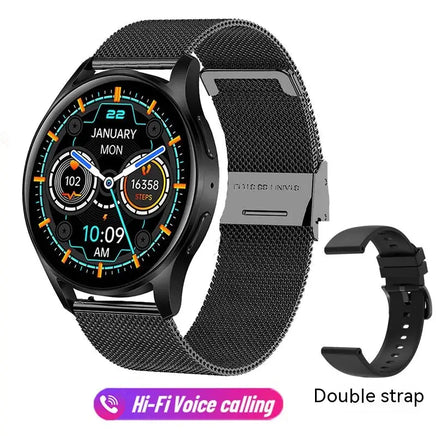 Black mesh strap smartwatch with a double strap option, featuring Bluetooth calling and a vibrant digital display.