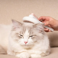 Cat being groomed with a pink Automatic Hair Remover & Massage Comb, enjoying a relaxing grooming session.