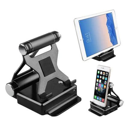 Black podium style stand holding an iPad and smartphone, featuring adjustable angles and extended battery with USB ports.