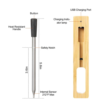 Detailed diagram of Wireless Kitchen Thermometer probe and bamboo charger, highlighting USB port, heat-resistant handle, and internal sensor.