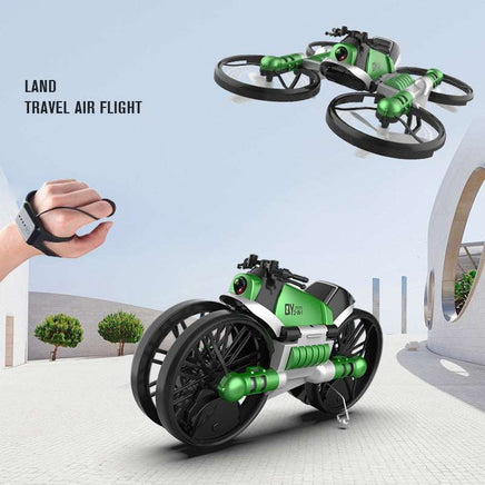Remote control transforming motorcycle drone toy with dual-mode flying features