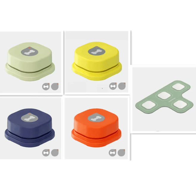 Green silicone mounting plate with four cutouts for attaching pet chatter buttons, flexible, durable, SKU: AHRUIC1