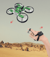 Green drone transforming into motorcycle with remote control