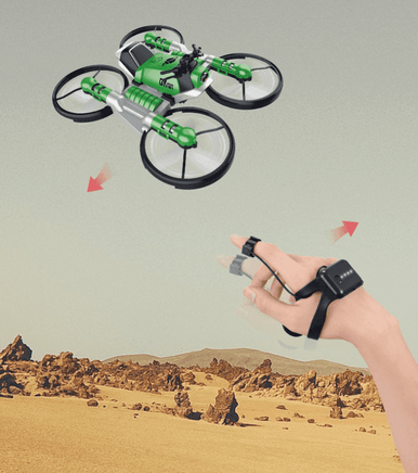 Green drone transforming into motorcycle with remote control