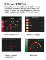 Wireless Kitchen Thermometer app interface showing food type selection, target temperature setup, and real-time cooking progress via Bluetooth.