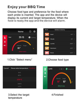 Wireless Kitchen Thermometer app interface showing food type selection, target temperature setup, and real-time cooking progress via Bluetooth.