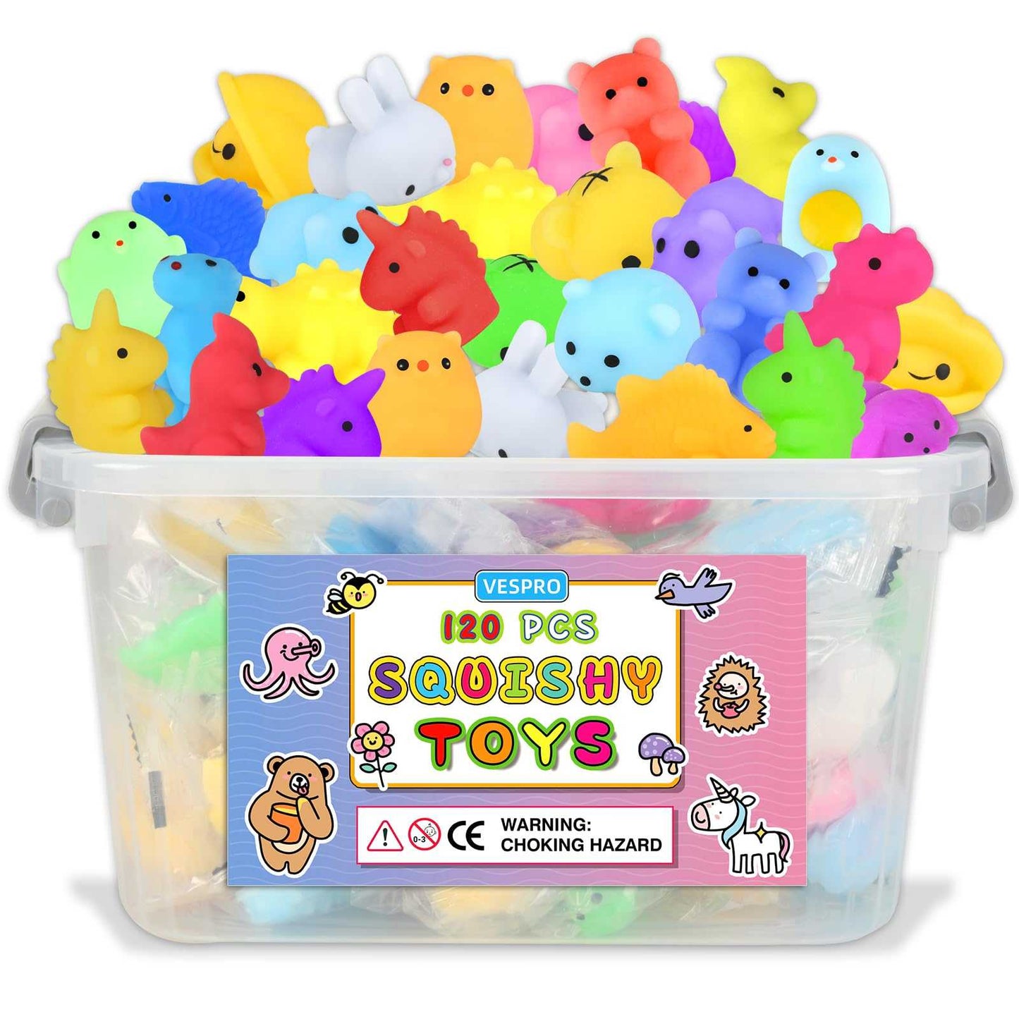 Colorful mochi squishy toys in animal shapes like unicorn, bear, bunny, and octopus in a clear plastic storage box, perfect for stress relief and party favors.