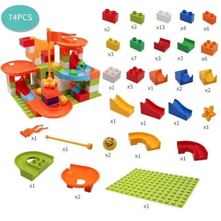 74-piece marble race run block toy set including colorful blocks, slides, and baseplate for compact and creative play.