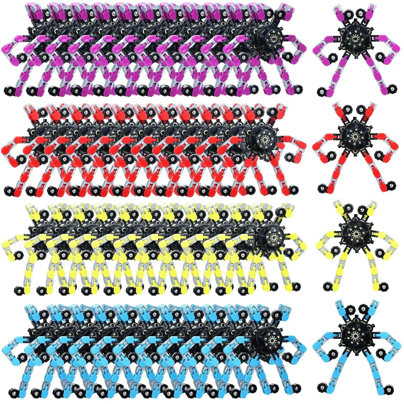 64-pack of Transformable Fingertip Spinners in red, purple, yellow, and blue, perfect for all ages seeking pocket-size fidget toys for stress relief.