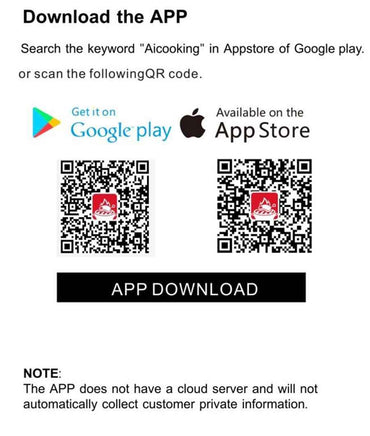 Wireless Kitchen Thermometer app download instructions with QR codes for Google Play and App Store, supporting Bluetooth cooking control.