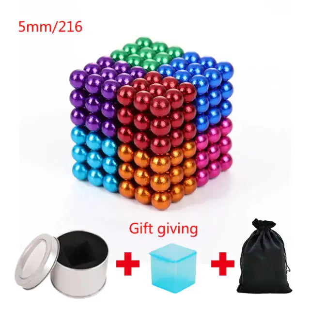 Multicolored magnetic metal balls arranged in a cube, showcasing vibrant colors and creative stacking options.