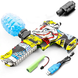 Colorful toy gun blaster with water bead hopper, USB charger, and accessories for kids' play.