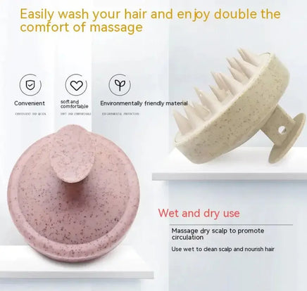 Soft rubber shampoo brush in beige and pink, highlighting eco-friendly material, soft bristles, and dual wet-dry use.