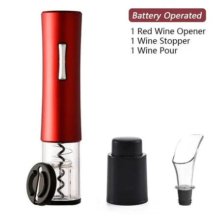 Red battery-operated wine opener set with foil cutter, wine stopper, and pourer, ideal for wine lovers and kitchen use.