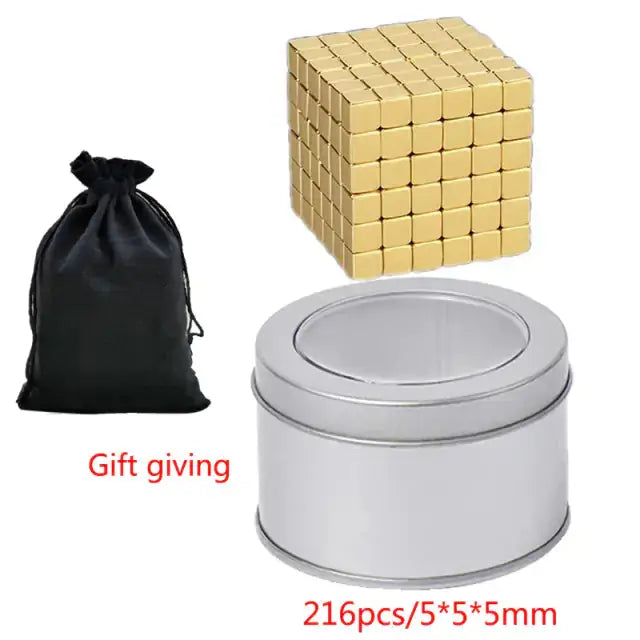 Gold magnetic cube-shaped magnetic blocks with a storage tin and pouch, perfect for creative play and gifting.