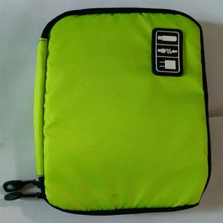 Lime green portable gadget organizer bag with dual zippers and a label indicating storage for electronic accessories.