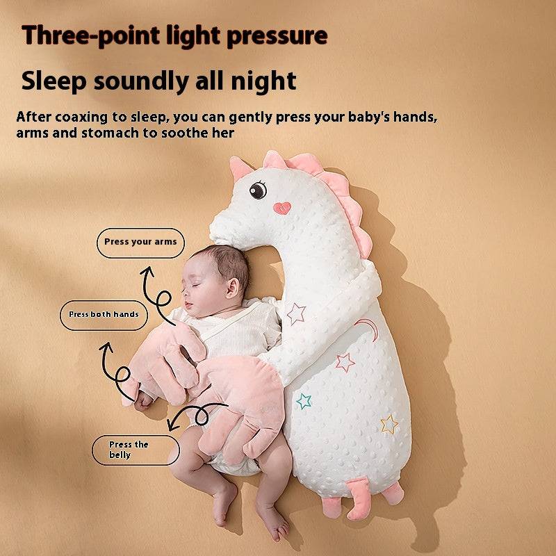 Infant plush pillow with dinosaur shape, gentle pressure for sleep, soft fabric