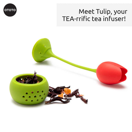 Cute Tea Infuser by OTOTO shaped like a red tulip with green stem, ideal for loose leaf tea. Fun kitchen gadget for tea lovers and gift ideas.