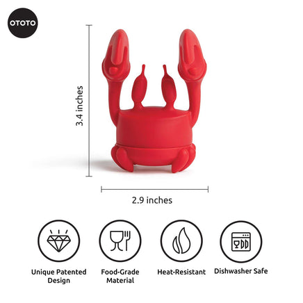 Cute Tea Infuser by OTOTO shaped like a red crab with claws raised, made from food-grade, heat-resistant material and dishwasher safe.