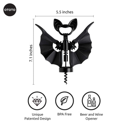 OTOTO Vino Spooky Bat Opener with dimensions 7.1 x 5.5 inches, featuring BPA-free material and patented design for opening wine and beer bottles.