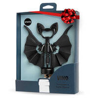 OTOTO Vino Spooky Bat Opener in gift packaging, a 2-in-1 wine and beer bottle opener shaped like a bat. Ideal Halloween-themed kitchen gadget gift.