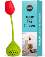 Cute Tea Infuser by OTOTO shaped like a red tulip with green stem, ideal for steeping loose leaf tea; shown with branded packaging box.