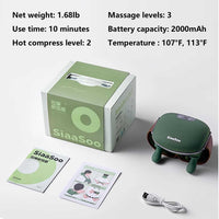 Complete Siasoo Neck Massager 2025 package with device, manual, USB cable, and box; features 3 massage levels and dual heat settings.