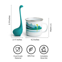 Cute Tea Infuser by OTOTO shaped like a teal Loch Ness monster next to a 4.3-inch enamel mug with mountain design. Fun tea accessory for loose leaf use.