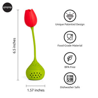 Cute Tea Infuser by OTOTO shaped like a red tulip with green stem, 6.5 inches tall, made from BPA-free food-grade material, dishwasher safe.