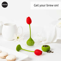 Cute Tea Infuser by OTOTO shaped like a red tulip with green stem, ideal for loose leaf tea brewing. Fun tea accessory for kitchen or gift use.