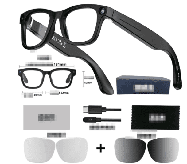 AI camera glasses with HD video, lenses, and accessories