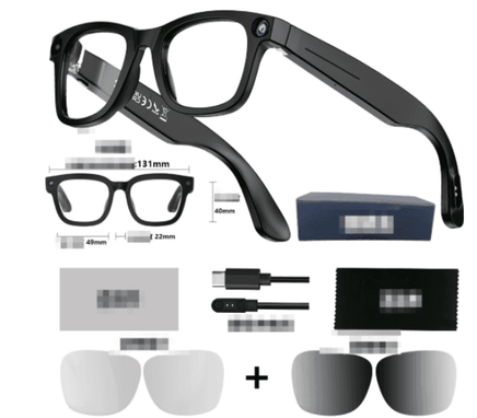 AI camera glasses with HD video, lenses, and accessories