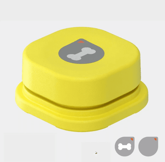 Bright yellow pet chatter button with gray bone sticker, durable plastic, square shape, for dog communication training