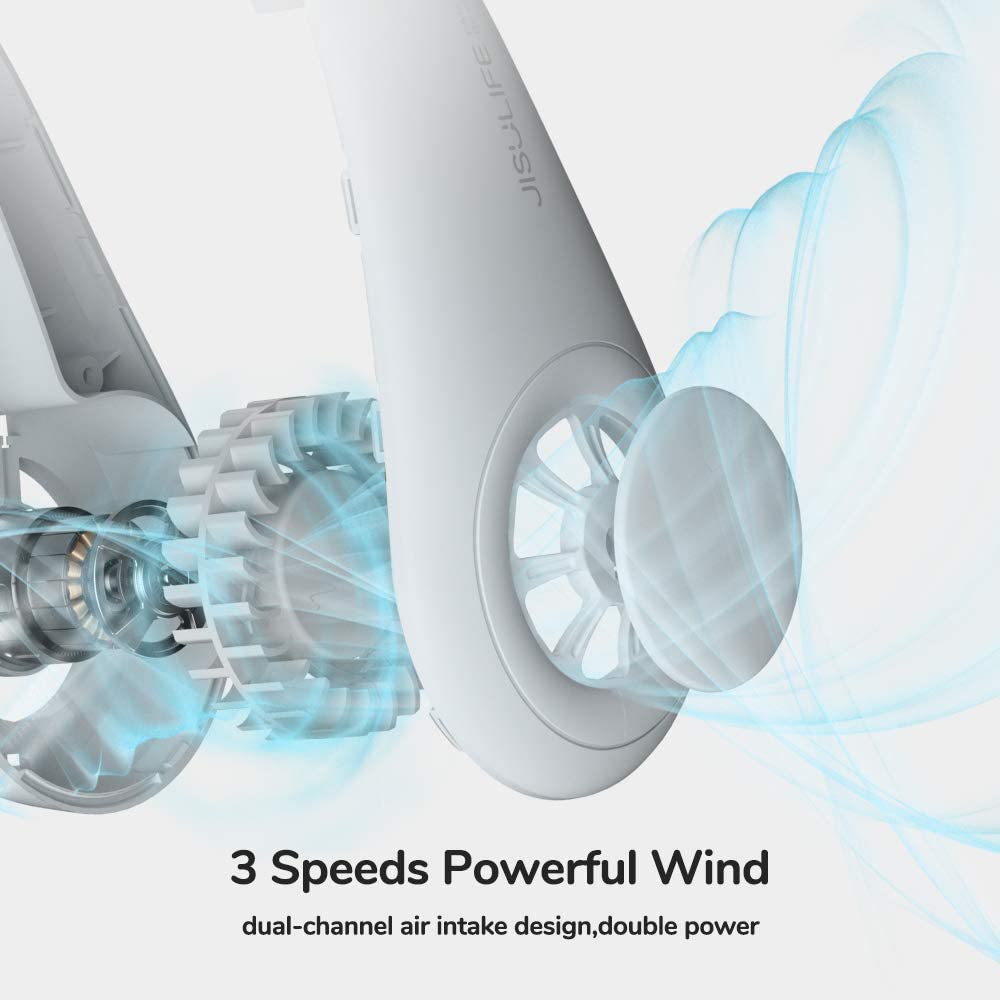 White Mini Bladeless Neck Fan Outdoor with a curved, vented design for ergonomic, bladeless, and quiet cooling during outdoor activities.