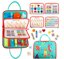 Montessori Sensory Board featuring colorful interactive activities for learning numbers, colors, shapes, and letters with a space-themed carry case.