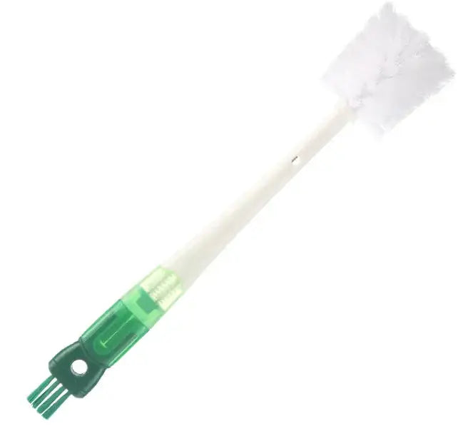 Multifunctional five-in-one cup brush with a long handle, featuring white bristles and a green scraper for efficient kitchen cleaning.