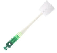 Multifunctional five-in-one cup brush with a long handle, featuring white bristles and a green scraper for efficient kitchen cleaning.