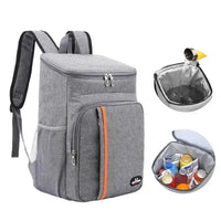 Gray portable thermal lunch bag with orange stripe, showcasing insulated interior, water-resistant lining, and storage for drinks and snacks.