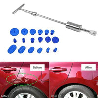 Dent remover bar with multiple blue glue tabs and before-and-after images of car dent repair. Ideal for restoring vehicle body panels.